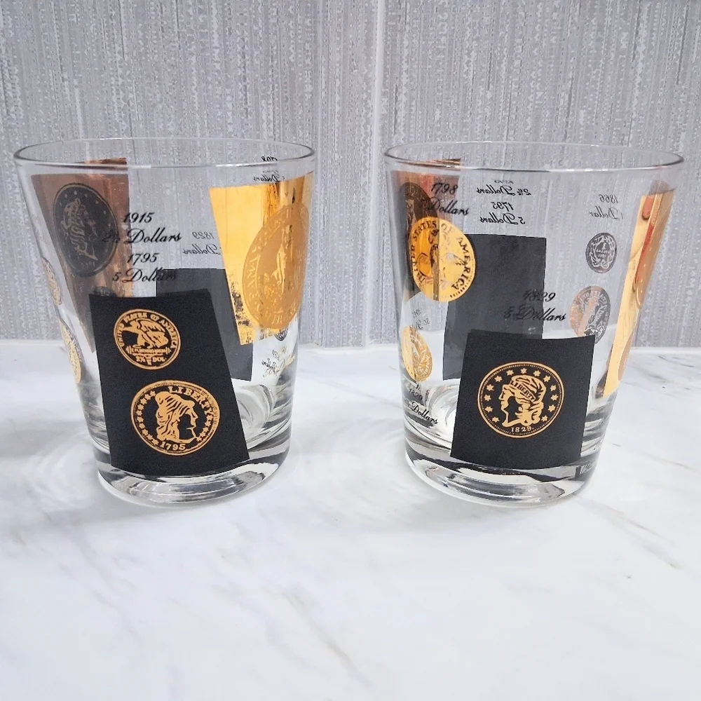 Vintage Cera US Coins Double Old Fashioned Glasses 22k Historical Barware Pair
